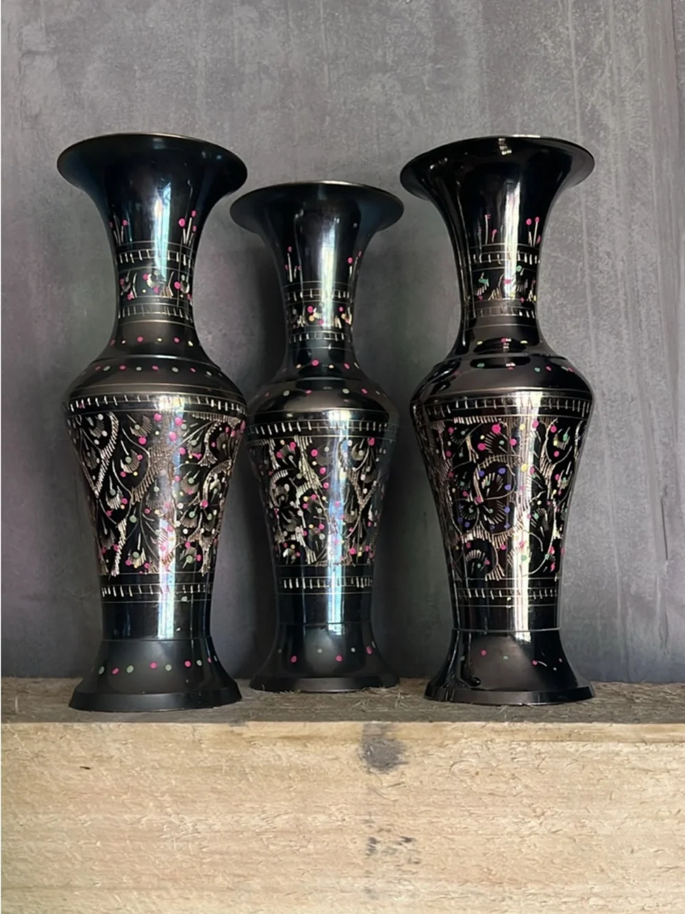 Vintage hand etched brass vases- 3 - Picture 1 of 7